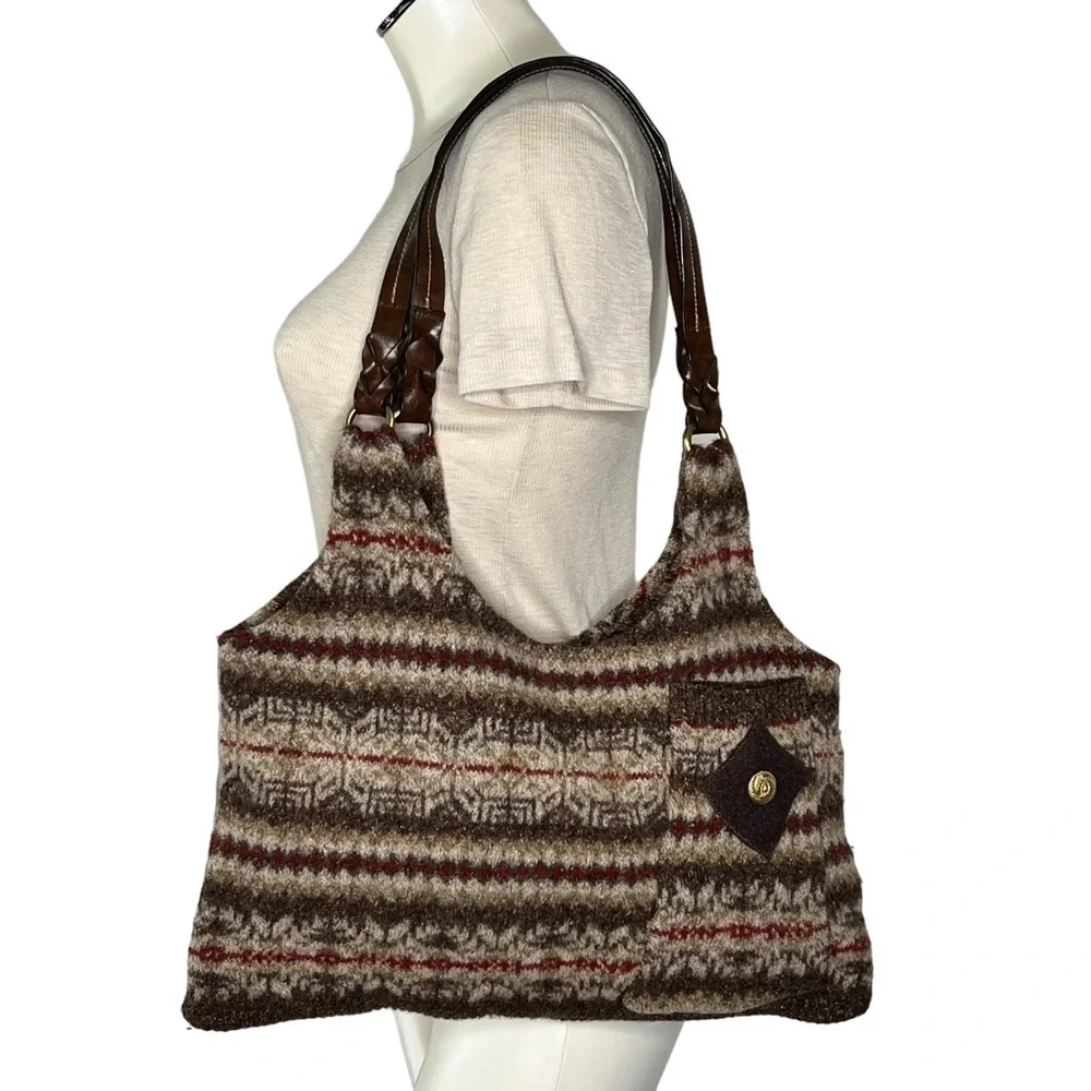 RARE EDDIE BAUER Brown Wool Blend Shoulder Tote Bag Leather Braided Straps - Picture 16 of 16